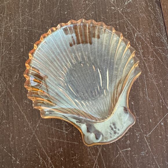 Vintage Carnival Glass Peach Orange Lusterware Clear Seashell trinket candy dish - Picture 1 of 4